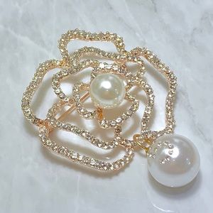 Chanel Style Pearl Camellia Flower Brooch